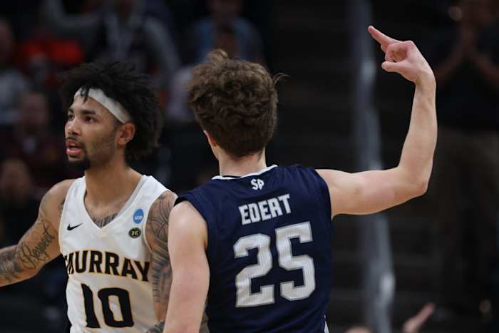 St. Peter's Peacocks guard Doug Edert (25) reacts to play in the second half against the Murray State Racers during the second round of the 2022 NCAA Tournament at Gainbridge Fieldhouse.